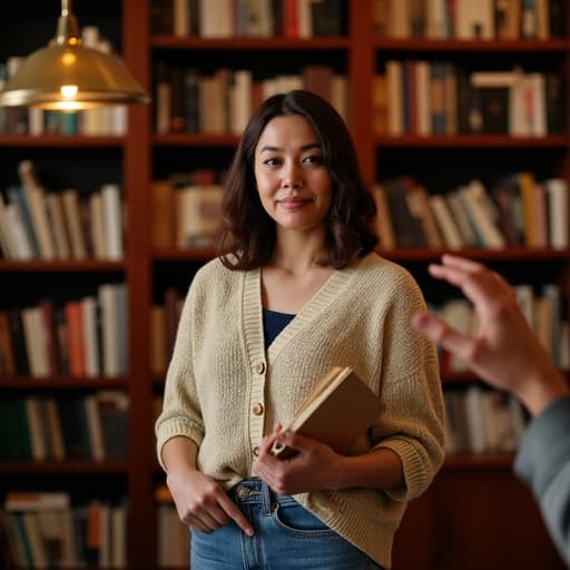 조용한 도서관의 책장이 배경으로 펼쳐진 가운데, 편안한 니트 스웨터와 청바지를 착용한 30대 중반의 유럽계 여성이 반신을 촬영한 모습입니다. 그녀는 슬픈 표정을 지으며 눈에 눈물이 고여 있고, 한 손에는 책을 들고 다른 손은 인사하는 자세로 나가고 있는 모습입니다. 따뜻하고 부드러운 조명이 이 장면의 감정적인 분위기를 강조하며, 고요한 도서관의 배경과 조화를 이루고 있습니다.