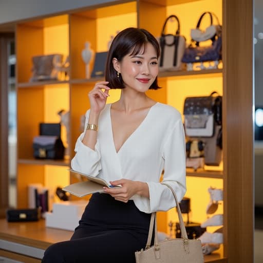 50대 초반의 자신감 넘치는 한국 여성의 반신 사진을 촬영했습니다. 그녀는 모던한 블라우스와 스커트를 입고 고급스러운 액세서리를 착용하고 있습니다. 한 손에는 노트를 들고 다른 손으로는 액세서리를 매칭하고 있으며, 화려한 패션 매장 내부에서 촬영되었습니다. 전체적인 분위기는 활기차고 긍정적입니다.