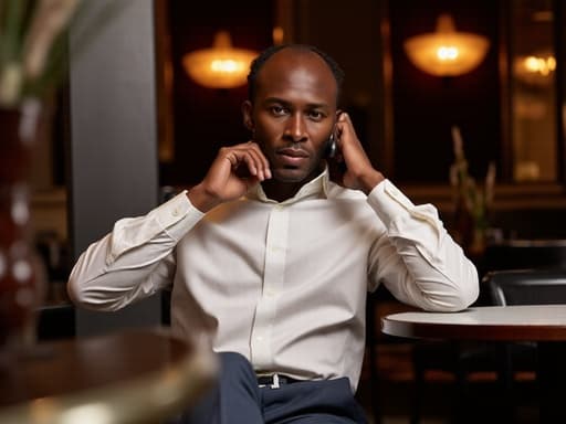 50대 초반의 아프리카계 남성이 고급스러운 셔츠와 정장 바지를 입고, 한 손으로 전화를 들고 다른 손은 테이블에 놓고 있는 모습이 반신 샷으로 촬영되었습니다. 고급 레스토랑의 바베큐 코너에서 세련된 인테리어가 돋보이며, 고급스러운 분위기를 더욱 강조합니다.