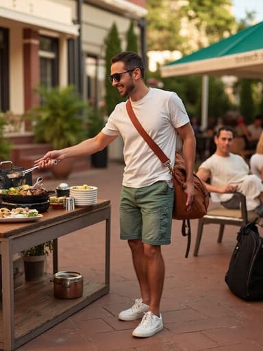 30대 중반의 중동계 남성이 편안한 티셔츠와 반바지를 입고, 야외 레스토랑 테라스에서 바베큐를 즐기고 있는 모습입니다. 그는 바베큐 도구와 바베큐 가방을 들고 열정적으로 웃고 있으며, 테이블에는 반찬이 놓여 있어 활기차고 초대하는 분위기를 자아냅니다.