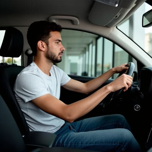 10대 후반의 중동계 남성이 편안한 티셔츠와 청바지를 입고 있는 반신 사진입니다. 그는 한 손으로 핸들을 잡고 지루한 표정을 짓고 있으며, 배경에는 컴퓨터 화면이 있는 온라인 강의실이 있습니다.