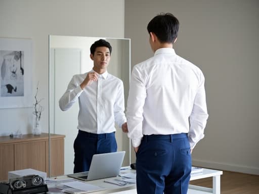 30대 초반의 한국 남성이 반신 촬영으로 포착되어 있으며, 깔끔한 화이트 셔츠와 네이비 블루 슬랙스를 착용하고 있습니다. 그는 거울을 바라보며 우아한 표정을 지으며 자신의 모습을 점검하고 있으며, 현대적인 사무실 환경 속에서 노트북과 정리된 데이터 분석 서류가 있는 책상으로 둘러싸여 있어 전문적이고 우아한 느낌을 전달합니다.