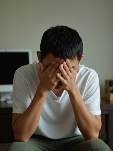 30대 초반의 동양인 남성이 집 사무실에 앉아 캐주얼한 의상을 입고 있습니다. 그의 표정은 깊은 생각과 절망을 드러내며, 손으로 머리를 감싸고 있습니다. 배경은 책상과 컴퓨터가 있는 친밀한 작업 공간을 보여주며, 부드럽고 따뜻한 조명으로 비춰집니다.