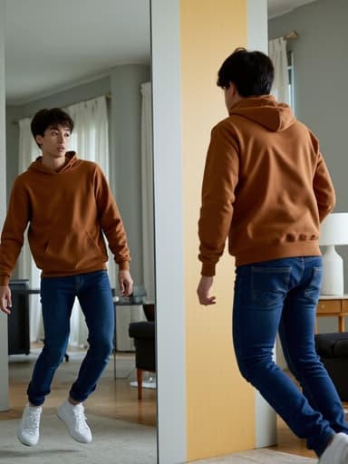 트렌디한 후드티와 청바지를 입은 10대 후반의 아시아계 남성이 현대적인 방의 거울 앞에서 점프하는 모습을 담은 전신 사진. 걱정스러운 표정은 동적인 자세에 깊이를 더하며, 현대적인 인테리어 속에서 자기 성찰의 순간을 강조합니다.