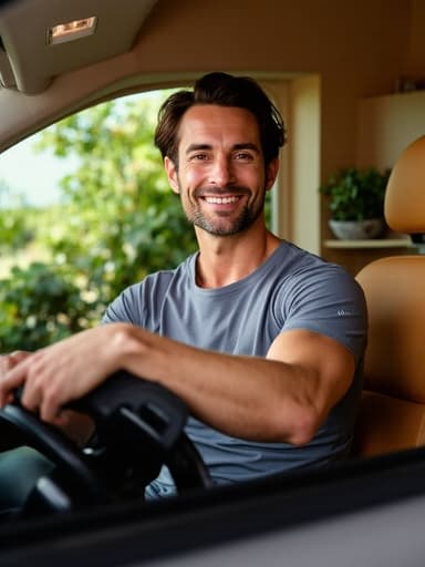 40대 중반의 유럽계 남성이 편안한 운동복을 입고 자연스럽게 미소 짓고 있는 모습이 반신 촬영으로 포착되었습니다. 스티어링 휠에 손을 올리고 있는 그의 모습은 아늑한 조명과 자연 요소가 조화를 이루는 스파 배경 속에서 편안한 분위기를 강조합니다.