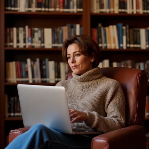 이 이미지는 40대 중반의 혼혈 여성이 편안한 니트 스웨터와 청바지를 입고 조용한 도서관에 앉아 있는 모습을 담고 있습니다. 그녀는 불안한 표정을 지으며 다리를 뻗고 노트북 화면을 주의 깊게 바라보고 있으며, 책으로 가득한 선반이 있는 주변 환경이 평화롭고 사색적인 분위기를 만들어냅니다.