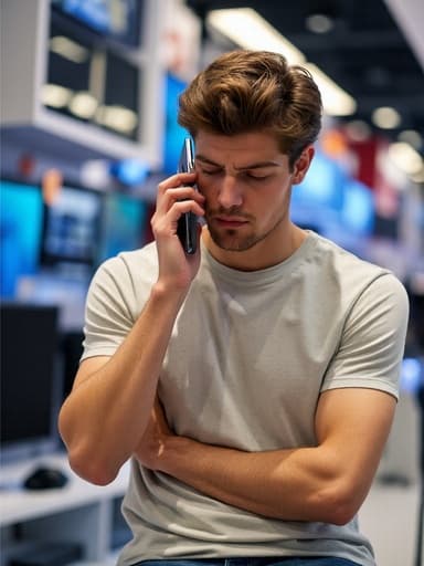 10대 후반의 백인 남성이 캐주얼한 티셔츠와 청바지를 입고 의기소침한 표정을 지으며 스마트폰을 귀에 대고 비디오 통화를 하고 있는 반신 샷입니다. 배경에는 다양한 전자제품이 진열된 전자매장이 있어, 모델의 감정과 대조되는 활기찬 쇼핑 분위기를 연출합니다.