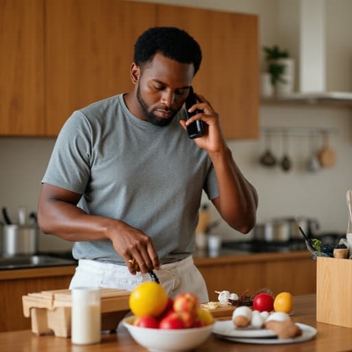 40대 초반의 아프리카계 남성이 자연스러운 외모로 반신 촬영된 모습으로, 편안한 티셔츠와 바지를 입고 전화 통화 중이며 요리 재료를 준비하고 있습니다. 배경은 아늑한 집 사무실의 주방 구역으로, 중립적인 표정으로 자신의 작업에 집중하고 있습니다.