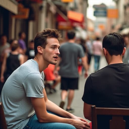 20대 중반의 백인 남성이 캐주얼한 티셔츠와 청바지를 입고 놀란 표정을 지으며 의자에 앉아 있습니다. 그는 친구와 이야기를 나누며 몸을 앞으로 기울여 서로의 연결감을 느끼고 있습니다. 배경에는 다양한 사람들이 지나가는 활기찬 도시 거리가 펼쳐져 있어 장면에 생명감과 에너지를 더하고 있습니다. 전체적인 분위기는 활기차고 역동적이며 도시 환경에서의 놀라움과 우정을 포착하고 있습니다.