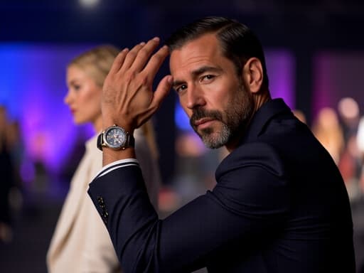 세련된 정장을 입고 멋진 액세서리를 착용한 40대 초반의 유럽계 남성 모델이 차분한 표정으로 패션쇼를 감상하며 한 손을 머리에 얹고 있는 모습. 화려한 조명과 런웨이를 걷고 있는 모델들이 어우러진 역동적인 배경 속에서 자신감 있는 모습이 드러납니다.