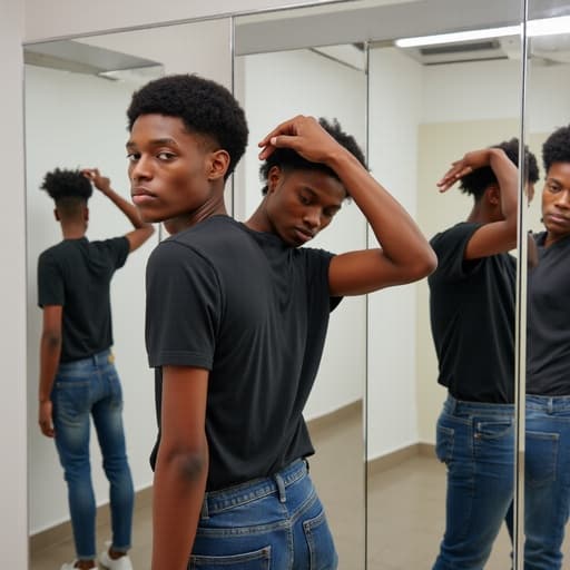 10대 후반의 아프리카계 남성이 스타일리시한 청바지와 트렌디한 티셔츠를 입고, 여러 개의 거울이 있는 현대적인 미러룸 앞에 서 있습니다. 그는 차가운 표정으로 헤어스타일을 점검하며 자신감 넘치는 모습으로 쇼핑하고 있으며, 스타일링을 즐기는 분위기를 만들어냅니다.