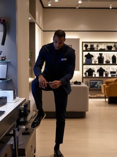 세련된 캐주얼 의상을 입고 우아한 표정으로 신발을 신는 30대 후반의 흑인 남성의 반신 사진으로, 최신 전자기기와 액세서리가 진열된 현대적인 전자매장에서 촬영되었습니다.