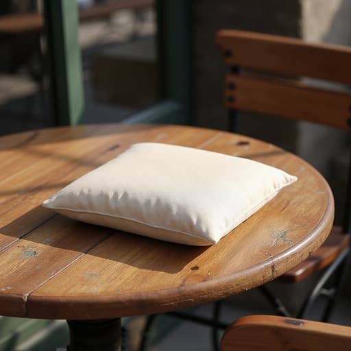 빈티지 카페 테이블 위에 있는 초현실적인 선케어 쿠션, 따뜻하고 아늑한 분위기.