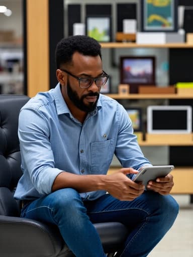 50대 초반의 흑인 남성이 전자매장 의자에 앉아 태블릿을 들여다보며 걱정스러운 표정을 짓고 있는 반신 사진입니다. 그는 캐주얼한 셔츠와 청바지를 입고 있으며, 편안하면서도 사색적인 자세를 보여줍니다. 배경에는 다양한 전자기기들이 진열되어 있어 고민하는 분위기를 더합니다.
