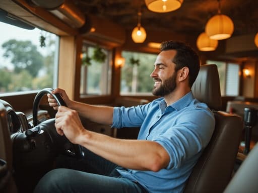 30대 후반의 중동계 남성이 캐주얼 셔츠와 청바지를 입고 친근한 미소를 지으며 운전하는 모습의 반신 사진입니다. 그의 주변은 가족이 함께 음식을 준비하는 아늑한 레스토랑의 따뜻한 분위기로 가득 차 있습니다.
