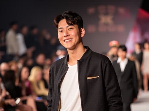 30대 초반의 세련된 동양인 남성이 활기찬 패션쇼 현장에서 자신감 있게 서 있습니다. 그는 캐주얼 자켓과 흰색 셔츠를 입고 있으며, 손을 가슴에 대고 따뜻한 미소를 지으며 다양한 스타일의 모델들과 함께 있는 역동적인 분위기를 자아냅니다.