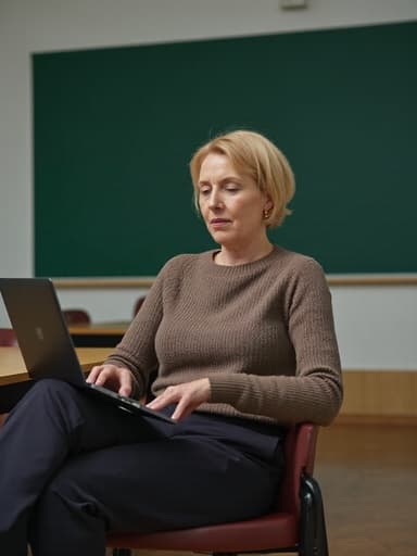 50대 초반의 백인 여성의 반신 사진으로, 편안한 니트 스웨터와 슬랙스를 입고 있으며, 크로스 레그로 앉아 노트북 화면을 불안한 표정으로 바라보고 있습니다. 배경은 책상과 칠판이 있는 교실로, 학습 환경을 강조합니다.