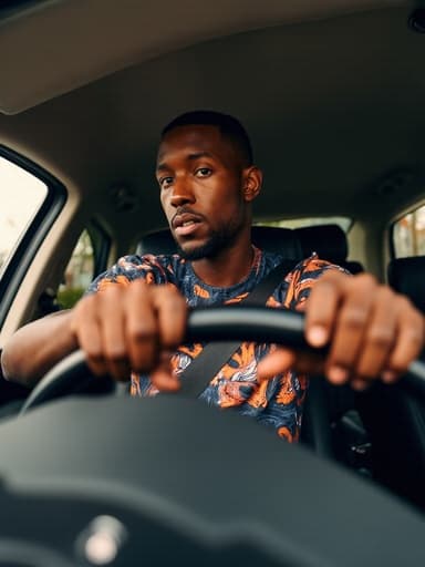 20대 중반의 흑인 남성이 화려한 그래픽 티셔츠와 편안한 청바지를 입고 있습니다. 그는 운전 중 놀란 표정과 긴장감을 느끼며, 두 손으로 운전대를 잡고 앞을 바라보고 있습니다. 부드러운 조명이 비추는 스튜디오 배경이 그의 스타일과 조화를 이루고 있습니다.
