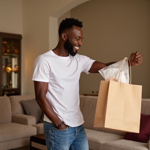 20대 후반의 흑인 남성이 쇼핑백 속 물건을 살펴보며 자연스럽게 미소 짓고 있습니다. 캐주얼한 티셔츠와 청바지를 입고 있으며, 아늑한 거실의 소파와 장식장이 있는 배경에서 따뜻하고 초대하는 분위기를 자아냅니다.