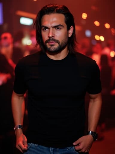 20대 후반의 혼혈 남성이 긴 머리와 날카로운 이목구비를 갖춘 채, 세련된 블랙 티셔츠와 청바지를 입고 스틸 팔찌로 액세서리를 착용한 전신 사진입니다. 찌푸린 눈썹과 굳게 다문 입술로 분노한 표정을 짓고 있으며, 주위를 둘러보며 빠르게 걷고 있는 자세로 손은 주머니에 넣고 있습니다. 배경에는 다양한 사람들이 대화하고 있는 활기찬 바 내부가 어두운 조명 속에서 펼쳐져 있습니다.