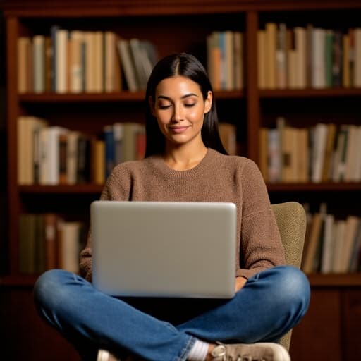 이미지는 30대 중반의 중동계 여성이 편안한 니트 스웨터와 청바지를 입고, 아늑한 도서관에서 책이 가득한 공간에서 노트북을 바라보며 집중하고 있는 모습입니다. 그녀는 강의를 듣고 있는 편안한 표정을 지으며 차분하고 집중된 모습을 나타내고 있습니다.