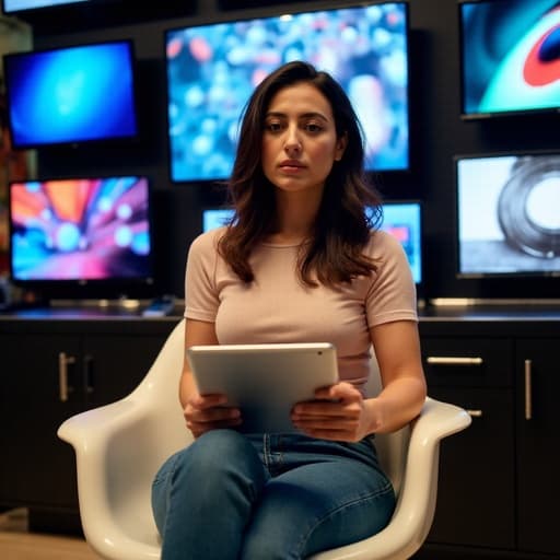 중동계의 40대 중반 여성은 전자매장에서 편안한 티셔츠와 청바지를 입고, 태블릿을 들고 집중한 표정으로 동영상을 시청하고 있습니다. 배경에는 다양한 전자 기기가 가득하여 생동감 넘치는 분위기를 자아냅니다.