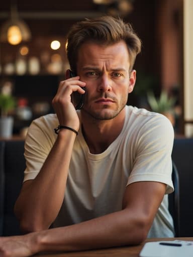 30대 후반의 유럽계 남성이 편안한 티셔츠와 캐주얼한 청바지를 입고 아늑한 카페에 앉아 있습니다. 그는 한 손으로 전화기를 귀에 대고 다른 손은 테이블 위에 놓고 있어 피곤함과 스트레스를 전달합니다. 배경에는 컴퓨터와 커피잔이 있어 현대적인 업무와 삶의 도전 과제를 강조하는 따뜻하고 매력적인 분위기를 만들어냅니다.