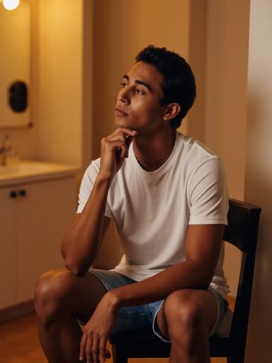 편안한 티셔츠와 반바지를 입은 라틴계 젊은 남성이 따뜻한 조명이 비추는 욕실의 의자에 앉아 손을 턱에 대고 먼 곳을 바라보며 깊은 생각에 잠긴 모습입니다.