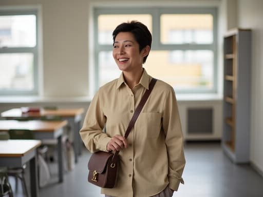 50대 초반 자연스러운 한국인 여성의 반신 사진. 편안한 캐주얼 복장을 하고 왼쪽 어깨에 책가방을 메고 있으며, 강의실로 향하면서 행복한 표정을 짓고 있다. 책상과 의자가 배치된 현대적인 강의실의 모습이 교육적인 환경의 본질을 잘 담고 있다.