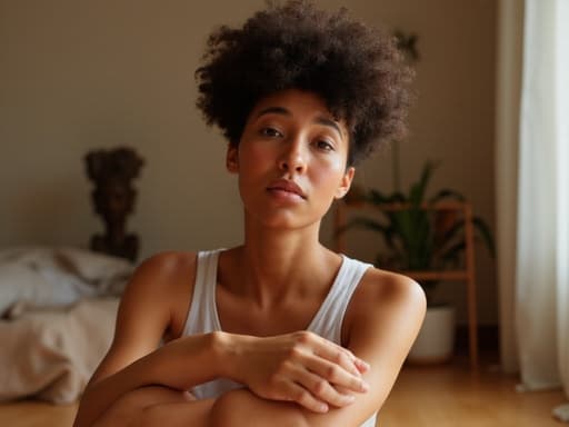 편안한 요가 복을 입은 혼혈 10대 소녀가 반신 사진으로 촬영되었습니다. 그녀는 자연스러운 외모를 가지고 있으며, 슬픈 표정을 짓고 눈에 눈물이 고여 있습니다. 그녀는 무릎 위에 손을 올린 채 요가 자세를 취하고 있습니다. 배경은 조용하고 아늑한 요가 스튜디오로, 따뜻하고 초대하는 분위기를 제공하여 그녀의 감정 상태를 강조합니다.