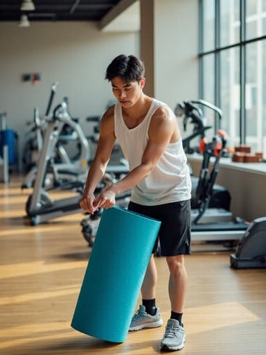 편안한 운동복을 입은 10대 후반 아시아계 남성이 실내 운동장에서 요가 매트를 정리하며 편안한 표정을 짓고 있는 모습이 담긴 반신 촬영. 다양한 운동 장비와 자연광이 들어오는 창문이 있는 공간에서 찍혔습니다.