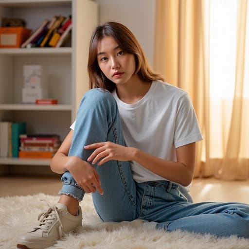 세련된 티셔츠와 청바지를 입고 신발을 신으며, 밝고 아늑한 공부 공간에 있는 10대 후반 아시아계 여성의 반신 사진입니다.