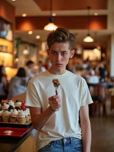 10대 후반의 백인 남성이 캐주얼한 티셔츠와 청바지를 입고 포크를 들고 스트레스를 받은 표정을 지으며 디저트를 먹으려 합니다. 배경은 다양한 디저트가 놓인 분주한 식당 내부로, 따뜻하고 초대하는 분위기를 자아냅니다.