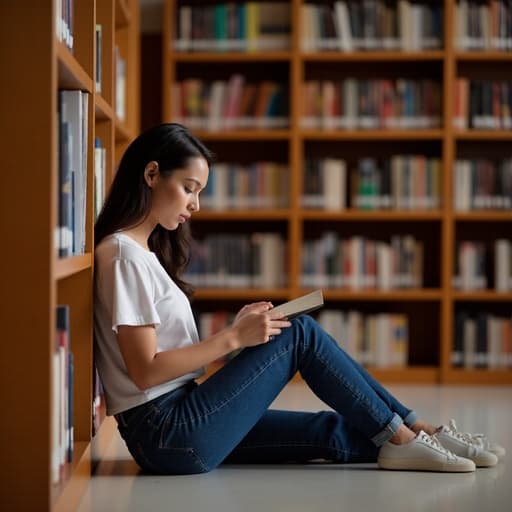 20대 중반의 라틴계 여성이 조용한 도서관 바닥에 앉아 편안한 티셔츠와 청바지를 입고 책을 읽고 있습니다. 그녀는 무관심한 표정을 지으며, 도서관의 서가가 배경을 이루어 차분한 분위기를 더합니다.