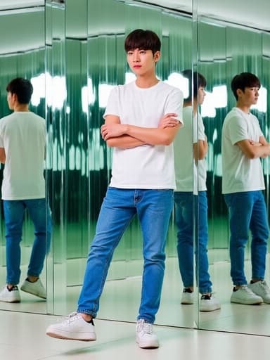 20대 중반의 열정적인 한국 남성이 미러룸에서 캐주얼한 티셔츠와 청바지를 입고 멋진 운동화를 신기 위해 한쪽 발을 살짝 들어올리며 팔짱을 낀 자세로 포즈를 취하고 있습니다. 거울로 된 벽면이 그의 모습을 다양한 각도에서 반영하며, 전체적인 스타일리시한 분위기를 강조하고 있습니다.