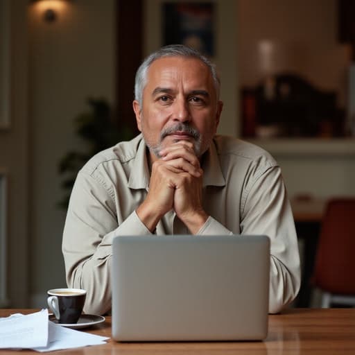 50대 초반의 중동계 남성이 자연스러운 외모로 카페 테이블에 앉아 있는 반신 사진입니다. 편안한 셔츠와 청바지를 착용하고 있으며, 손가락으로 턱을 괴고 생각에 잠긴 표정을 짓고 있습니다. 배경은 아늑한 카페 분위기를 보여주며, 커피 잔과 다양한 서류가 주변에 있어 이 장면의 평온하고 사색적인 분위기를 더욱 강조합니다.