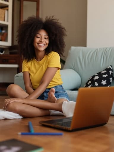 10대 후반의 아프리카계 여성이 편안한 거실에 앉아 캐주얼한 티셔츠와 반바지를 입고 있습니다. 그녀는 노트북을 바라보며 자유롭고 즐거운 표정을 짓고 있으며, 다리를 편안하게 뻗고 있습니다. 배경에는 책과 학용품이 놓인 테이블이 있어 따뜻하고 아늑한 분위기를 자아냅니다.