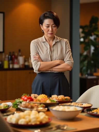 50대 초반의 한국인 여성의 반신 사진. 그녀는 깔끔한 블라우스와 슬랙스를 착용하고 있으며, 불만이 가득한 화난 표정을 지으며 팔짱을 끼고 있다. 아늑한 다이닝룸 배경에서 다양한 음식이 차려진 테이블을 바라보며 그녀의 감정과 식사의 초대하는 분위기 사이의 대조가 강조된다. 따뜻한 조명과 부드러운 장식이 아늑한 분위기를 만들어내어 그녀의 불만과 음식의 풍성함이 잘 드러난다.