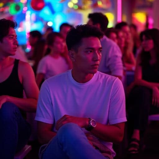 20대 후반의 아시아계 남성이 캐주얼한 티셔츠와 청바지를 입고 화려한 장식과 역동적인 조명이 있는 파티룸에서 긴장한 표정으로 주변을 살피며 친구와 대화를 나누고 있는 모습입니다. 이 장면은 사회적 상호작용과 모임의 활기찬 분위기를 포착합니다.