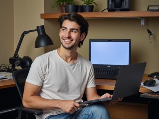 20대 중반의 중동계 남성이 개인 공간에서 컴퓨터 작업을 하며 밝게 웃고 있습니다. 그는 캐주얼한 티셔츠와 청바지를 입고 있으며, 손은 키보드 위에 놓여 있습니다. 배경은 노트북과 다양한 기술 기기가 있는 책상으로 현대적이고 아늑한 분위기를 자아냅니다.