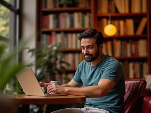 자연스러운 외모를 가진 40대 중반의 라틴계 남성이 아늑한 공부방과 카페가 결합된 공간에 앉아, 캐주얼한 티셔츠와 청바지를 입고 노트북을 바라보며 즐거운 표정을 짓고 있습니다. 그는 책들로 둘러싸인 따뜻한 분위기 속에서 편안한 자세를 취하고 있습니다.