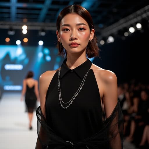 20대 초반의 동양인 여성이 스타일리시한 드레스를 착용하고 액세서리로 강조된 모습의 반신 사진. 슬픈 표정으로 눈물이 맺혀 있으며, 자연스럽게 손을 내린 자세로 서 있습니다. 화려한 조명과 함께 진행되는 패션쇼가 배경으로, 강렬한 감정의 대비를 만들어냅니다.