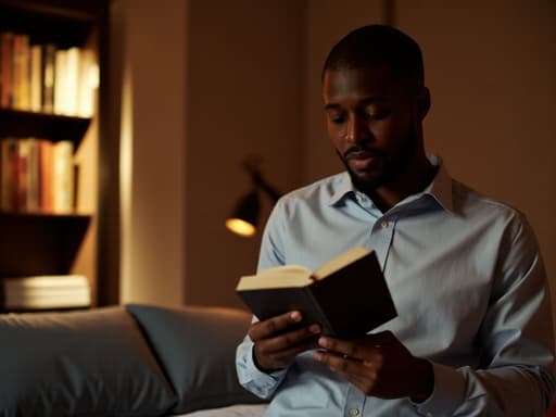 30대 중반의 흑인 남성이 편안한 캐주얼 셔츠와 슬랙스를 입고 아늑한 침실에 앉아 조용히 책을 읽고 있습니다. 집중하고 차가운 표정을 지은 모습이며, 배경의 부드러운 조명과 책장이 따뜻하고 아늑한 분위기를 자아내며 독서의 평온함을 강조합니다.