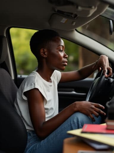 10대 후반의 자연스러운 외모를 가진 흑인 여성이 반신 촬영으로 담겨 있습니다. 편안한 티셔츠와 청바지를 착용하고 있으며, 슬픈 표정으로 눈물이 흐르고 있습니다. 운전하는 자세로 핸들을 잡고 앞을 바라보며 깊은 사색에 잠겨 있는 모습입니다. 배경에는 책과 노트가 가득한 공부방이 있어 사색과 고독의 분위기를 자아냅니다.