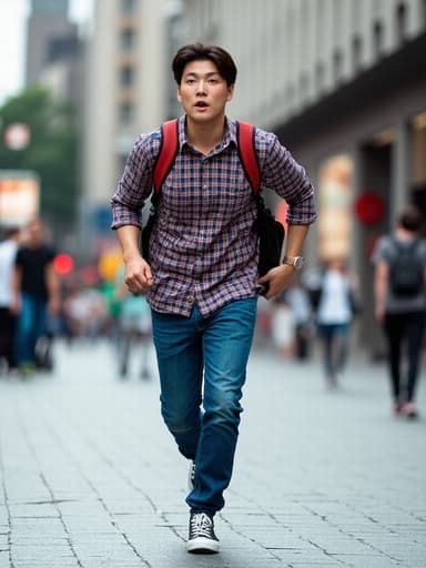 30대 초반의 한국인 남성이 트렌디한 체크무늬 셔츠와 슬림핏 청바지를 입고 놀란 표정으로 눈을 크게 뜨고 있는 전신 사진입니다. 그는 빠르게 달리는 자세로 한쪽 발을 앞으로 내딛고 있으며, 배경에는 사람들이 오가는 활기찬 도시 거리의 모습이 담겨 있어 생동감 넘치는 분위기를 자아냅니다.