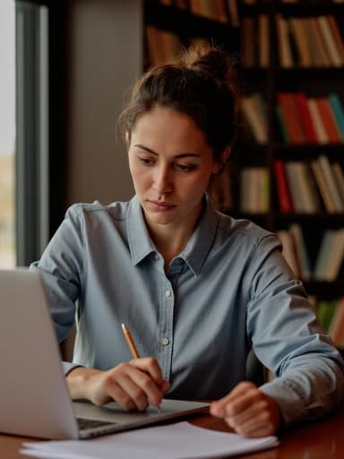 30대 후반의 라틴계 여성 모델이 편안한 캐주얼 셔츠와 청바지를 입고 회의실 테이블에 앉아 있는 반신 사진입니다. 그녀는 노트북을 바라보며 메모를 하면서 집중하고 약간 긴장한 표정을 짓고 있으며, 배경에는 책들이 가득한 조용한 도서관이 있어 평화로운 분위기를 자아냅니다.