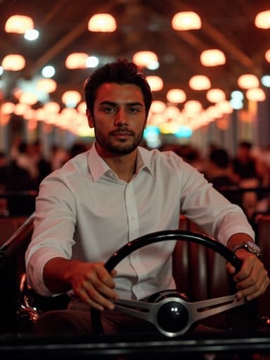 30대 후반의 혼혈 남성이 깔끔한 셔츠와 정장 바지를 입고 핸들을 부드럽게 잡고 있는 모습이 반신 샷으로 담겼습니다. 우아한 표정은 자신감을 드러내며, 화려한 조명과 다양한 사람들로 가득한 축제 배경 속에서 역동적이고 매력적인 장면을 만들어냅니다.