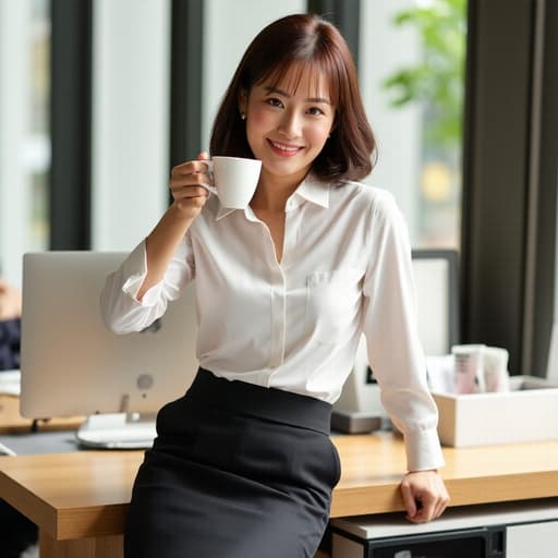 40대 초반의 아시아계 여성이 자연스러운 외모를 지닌 채 세련된 블라우스와 정장 치마를 입고 있는 반신 사진. 그녀는 자신감 넘치는 미소를 지으며 커피를 손에 들고 여유롭게 즐기고 있으며, 현대적인 디자인의 공유 오피스 환경이 배경으로 책상과 컴퓨터가 배치되어 있어 따뜻하고 초대하는 분위기를 만들어냅니다.