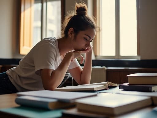 대학 회의실에 앉아 있는 10대 후반의 유럽계 여성이 캐주얼한 티셔츠와 청바지를 입고 있습니다. 한 손으로 책을 들고 다른 손으로 턱을 괴고 불안한 표정을 지으며 읽고 있습니다. 창문을 통해 햇빛이 들어오고 주변에 책과 노트가 어지럽혀져 있어 학구적인 분위기를 만들어냅니다.