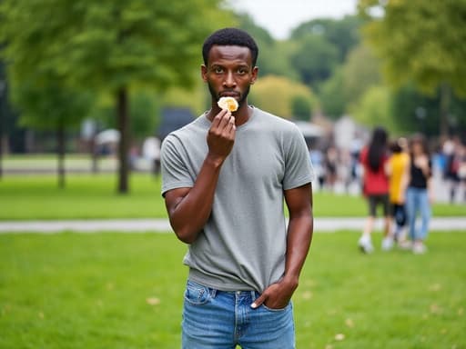 40대 초반의 혼혈 남성이 캐주얼한 티셔츠와 청바지, 운동화를 입고 있는 반신 샷입니다. 그는 무표정으로 한 손에 음식을 들고 천천히 씹고 있는 모습이며, 배경에는 대학 캠퍼스의 푸르른 잔디밭과 지나가는 학생들이 있어 활기차고 생동감 넘치는 분위기를 연출합니다.